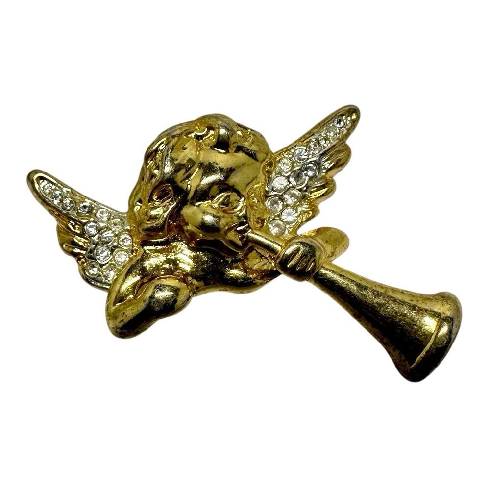Vintage Gold Tone Trumpeting Angel Designer Cocktail Brooch Featuring Clear Pave